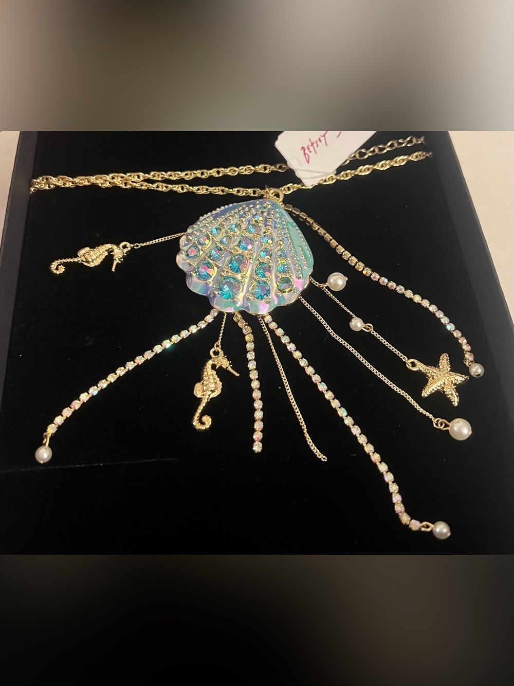 Betsey Johnson Gold-Tone Iridescent Blue Shell Charm Necklace - Picture 11 of 16